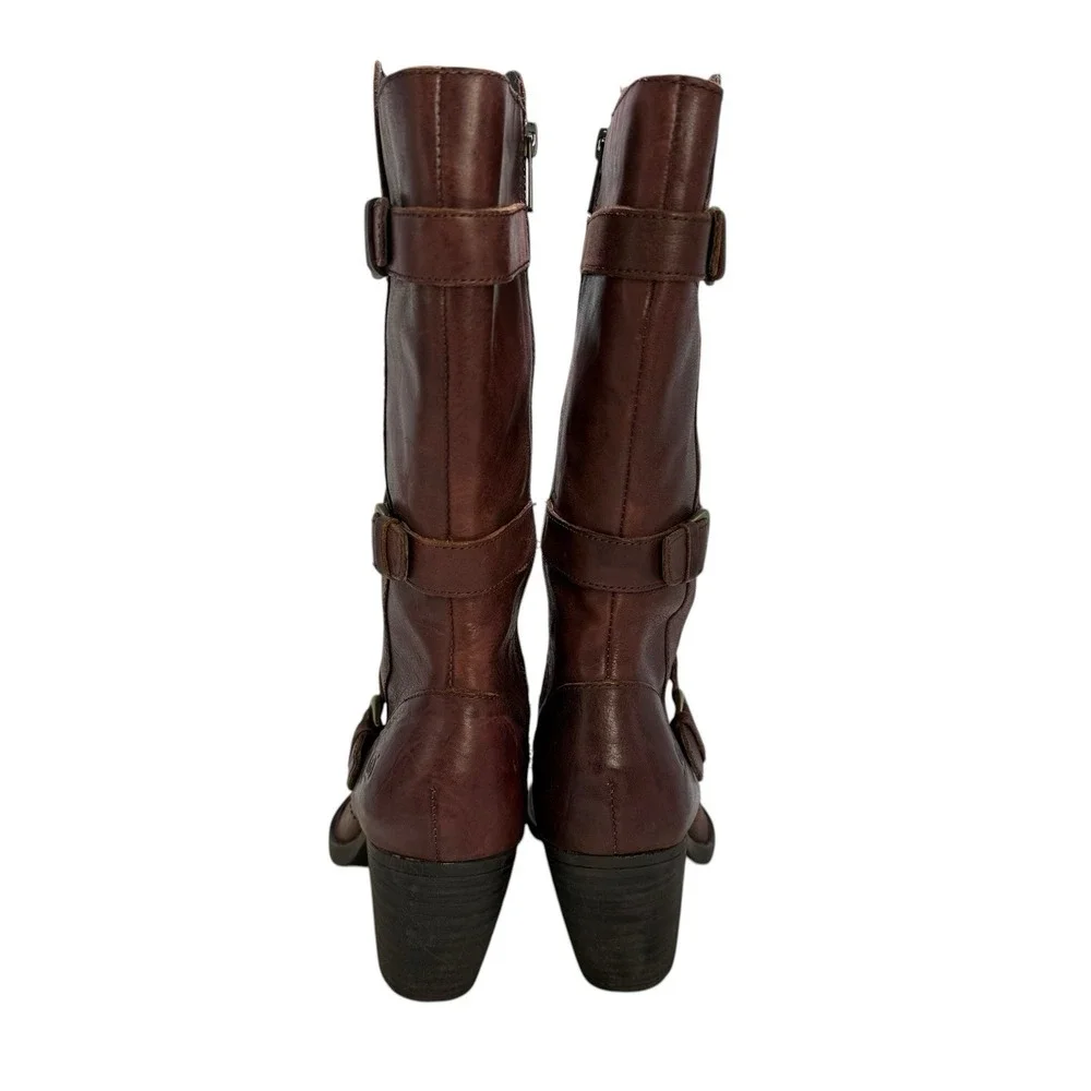 Born Maleri Boots 9M Mid Calf With Buckles Brown Burgundy Leather Block Heel
